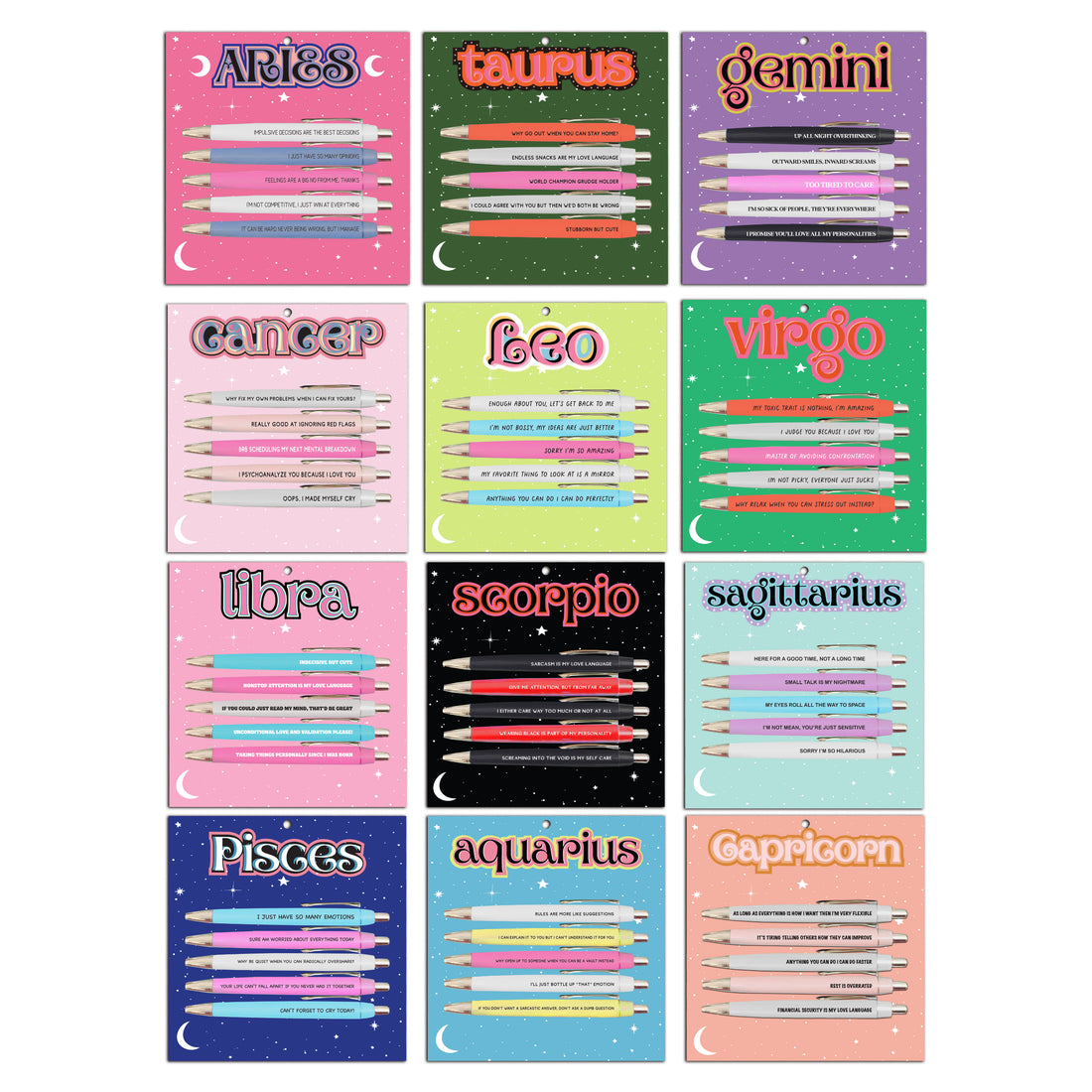 Set of 12 zodiac-themed pen packs on a white background