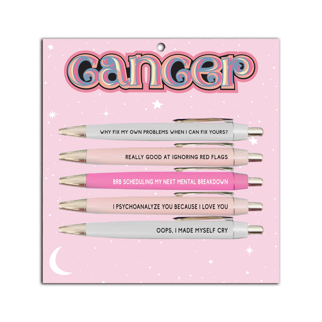 Set of pens with humorous sayings on a pink 'Cancer' themed packaging