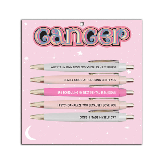 Set of pens with humorous sayings on a pink 'Cancer' themed packaging