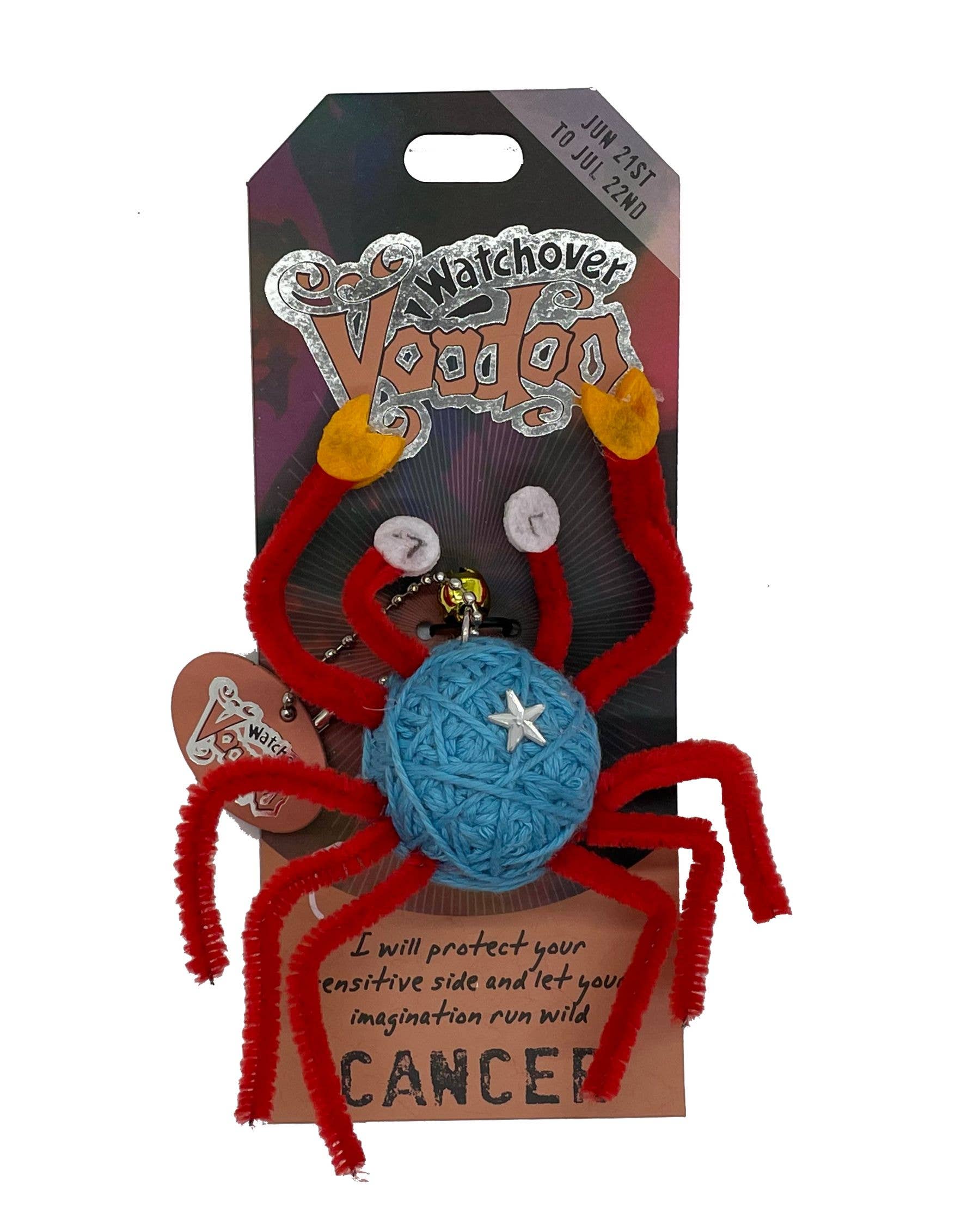 Spider-shaped product with blue center and red legs on a 'Watchover Voodoos' branded card.