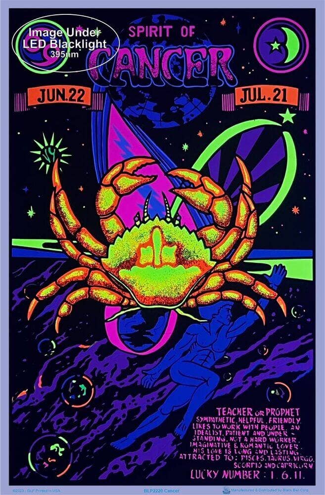 Blacklight poster of a crab with astrological design, featuring the 'Spirit of Cancer' text.