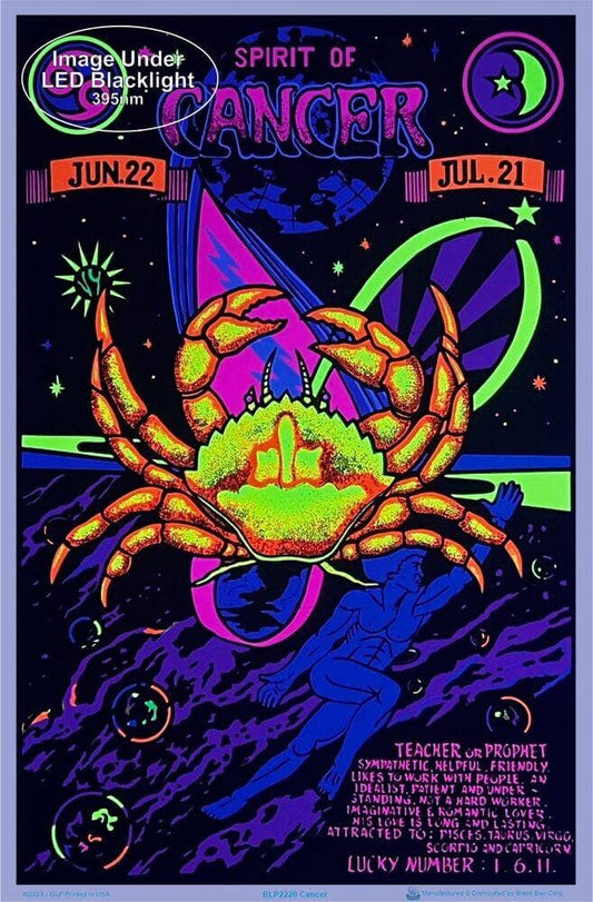 Blacklight poster of a crab with astrological design, featuring the 'Spirit of Cancer' text.