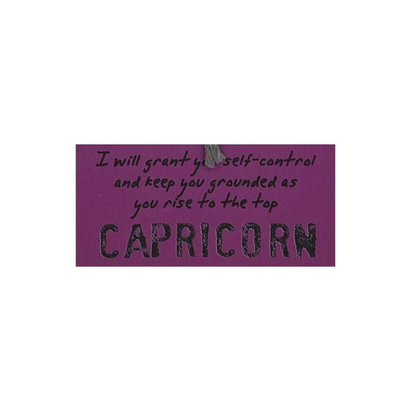 Purple card with text about self-control and grounding, featuring the word 'Capricorn'.