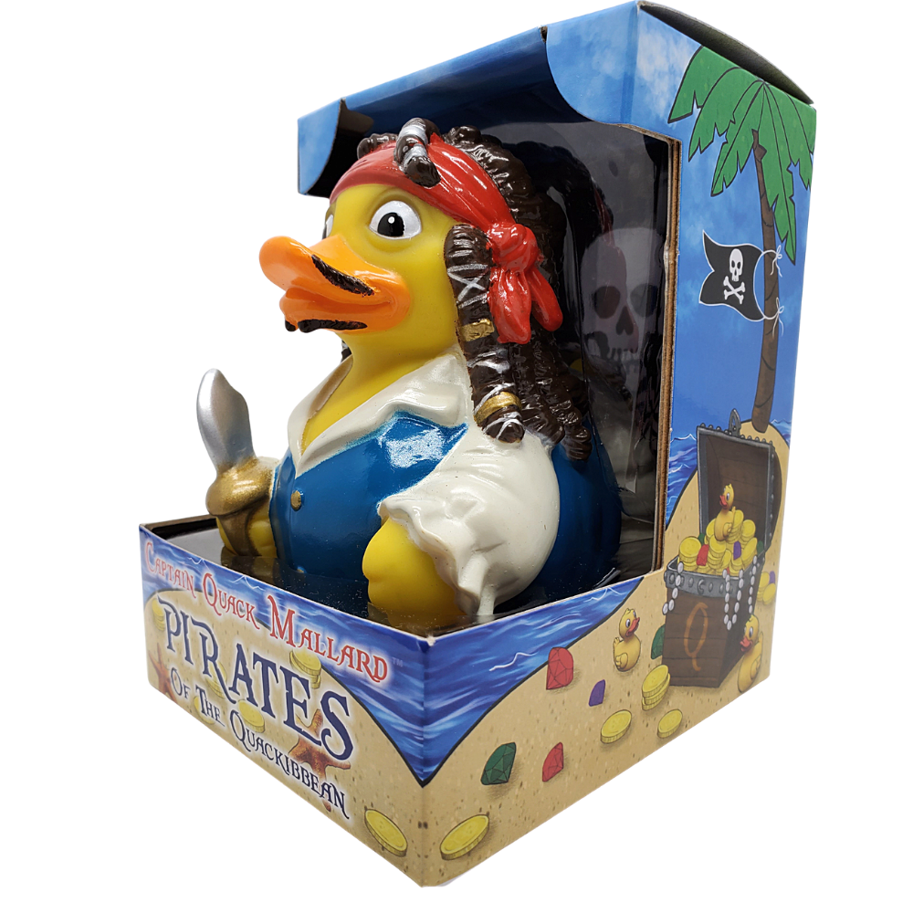 Pirate-themed rubber duck in packaging with a skull and crossbones design.