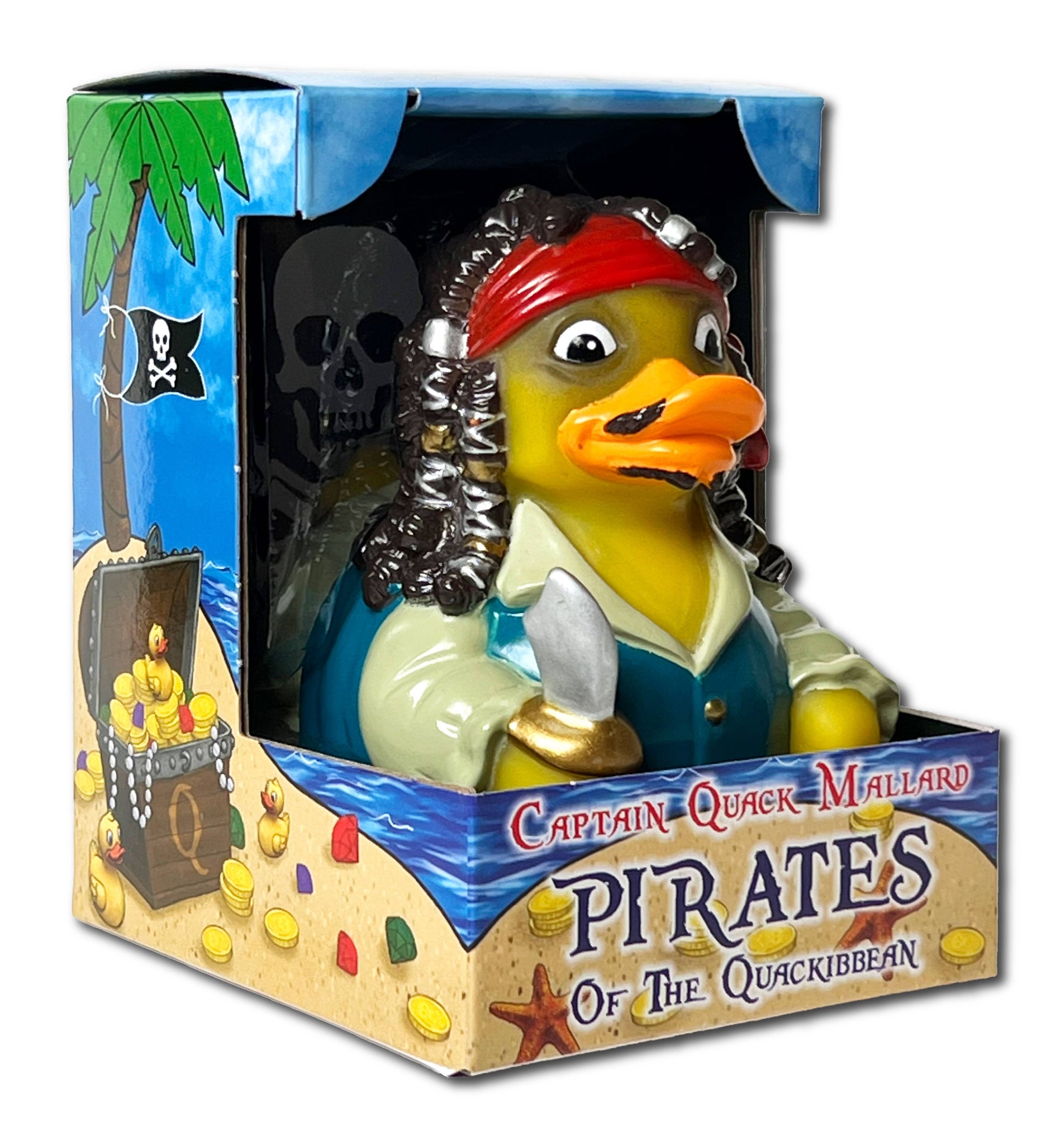 Pirate-themed rubber duck in packaging with 'Captain Quack Mallard' branding.