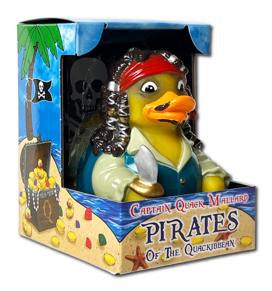 Pirate-themed rubber duck in packaging with 'Captain Quack Mallard' branding.