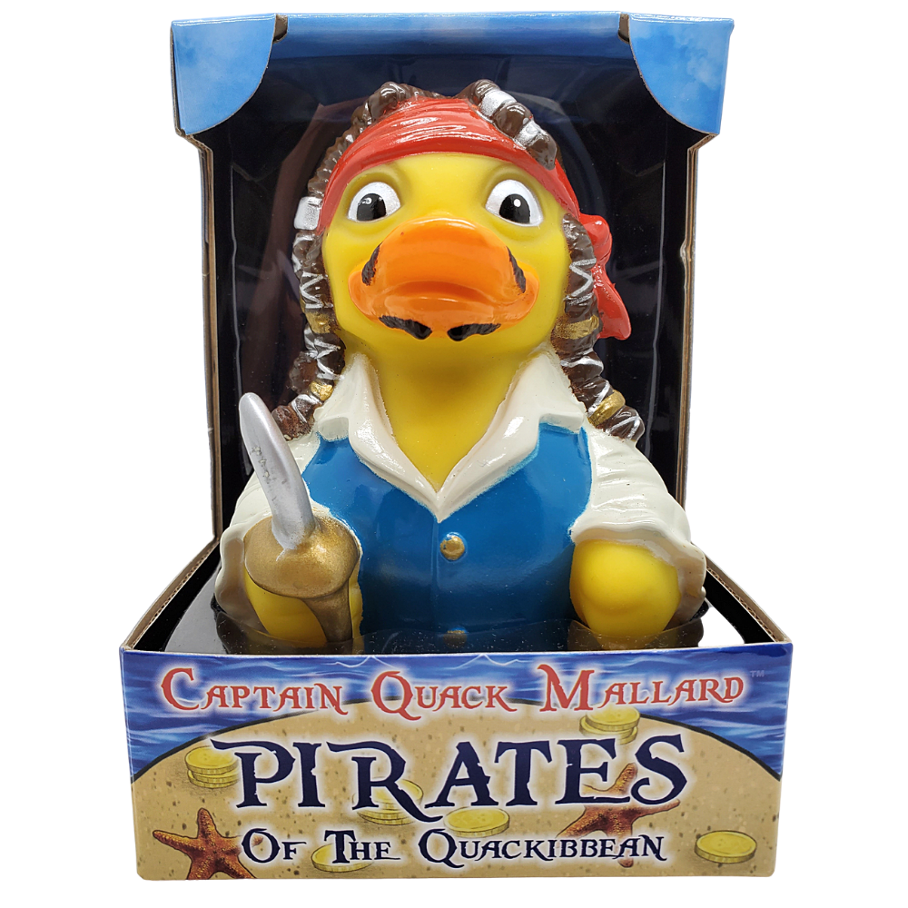Rubber duck dressed as a pirate in packaging with 'Captain Quack Mallard' branding.