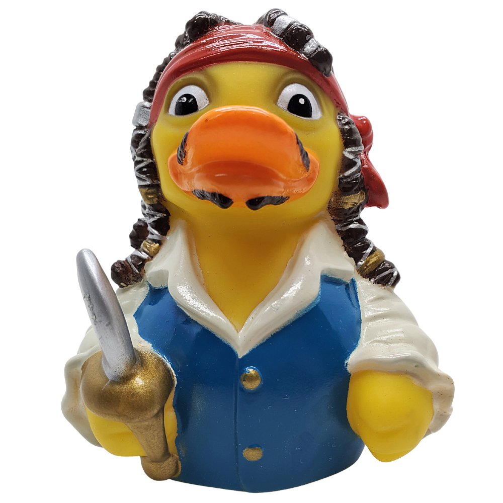 Pirate-themed rubber duck with a sword on a white background