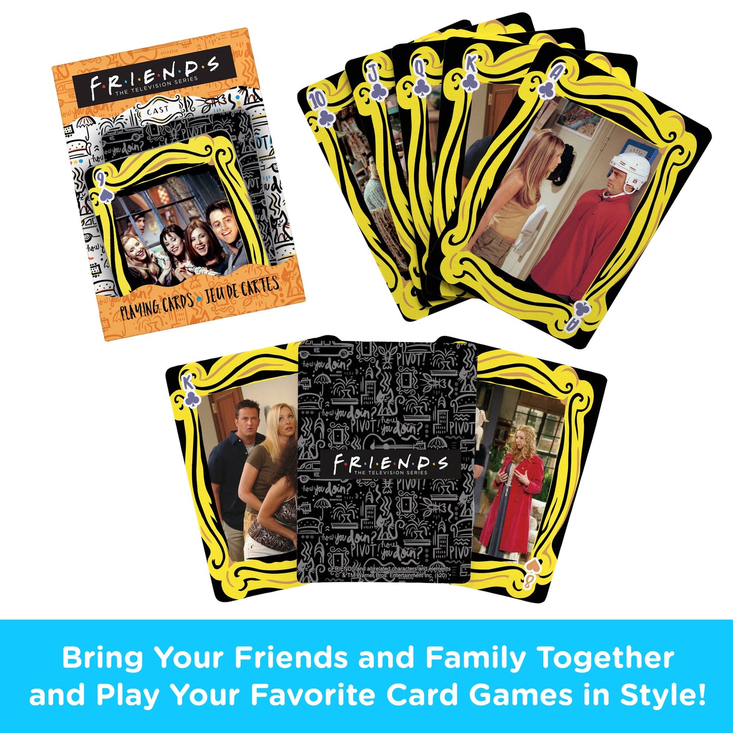 Friends-themed playing cards with character images and text on a white background