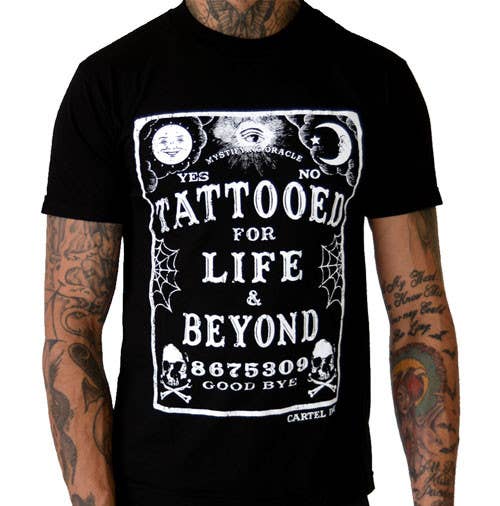 Black t-shirt with white graphic design and text on a white background