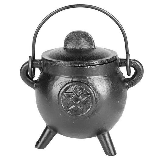 Black cast iron cauldron with lid and pentagram design on a white background
