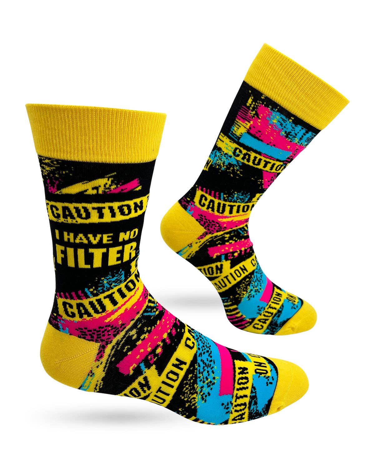 Colorful socks with 'Caution' text on a white background