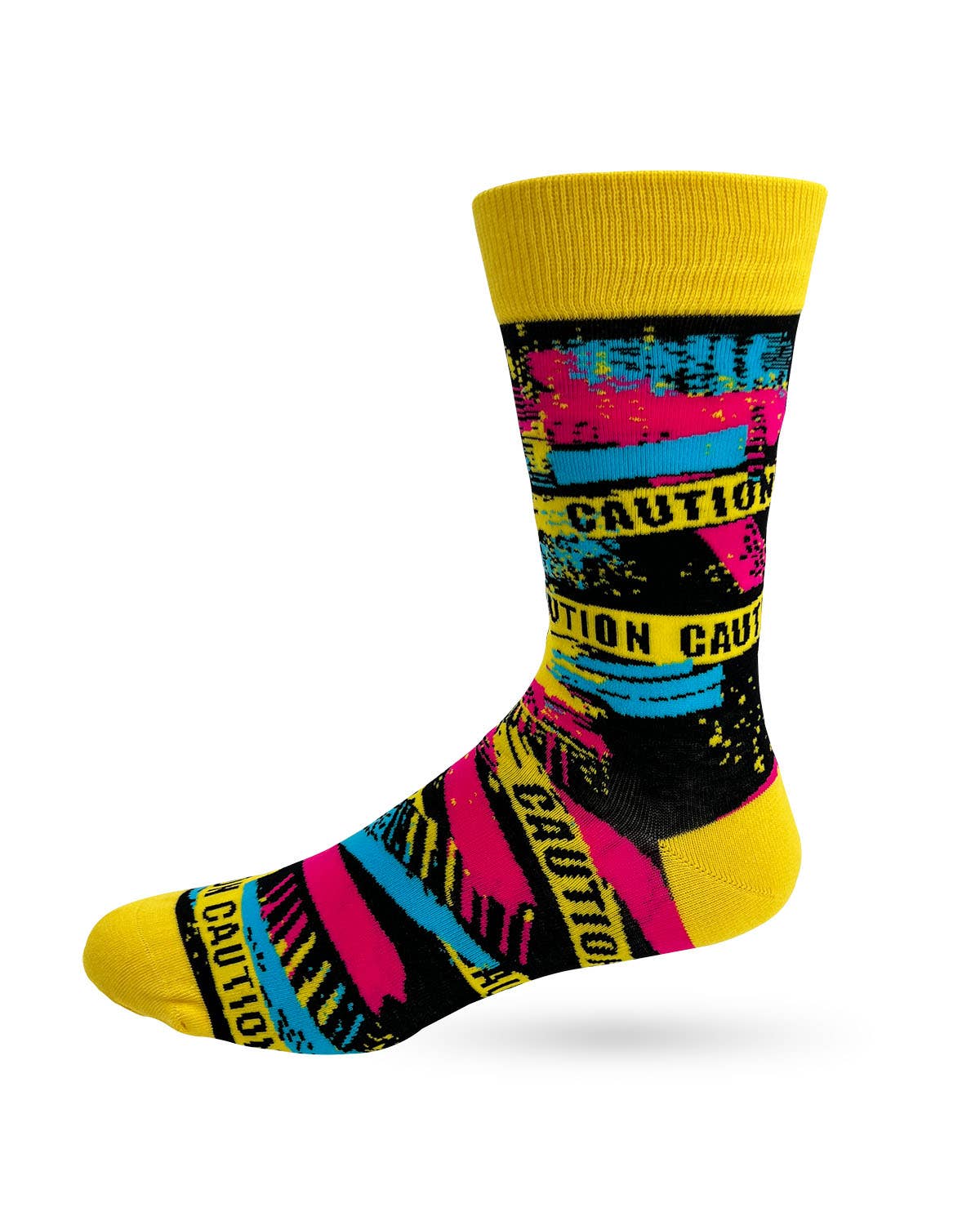 Colorful sock with 'Caution' text on a white background