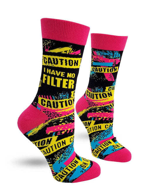 Colorful socks with 'Caution' and 'I have no filter' text on a white background