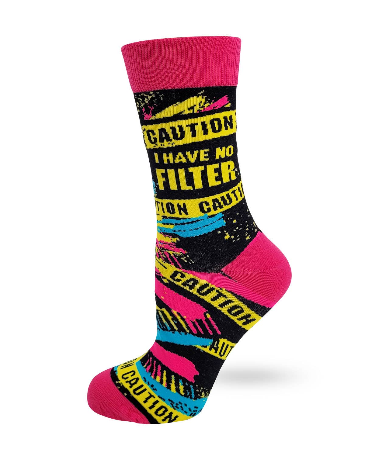 Colorful sock with 'Caution' text on a white background
