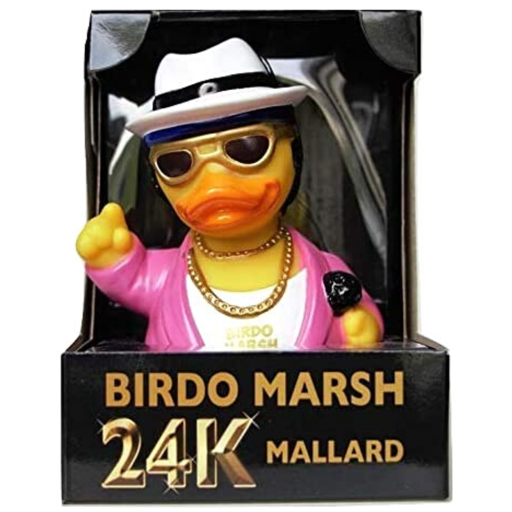 Glamorous duck figurine in a box with 'Birdo Marsh 24K Mallard' text