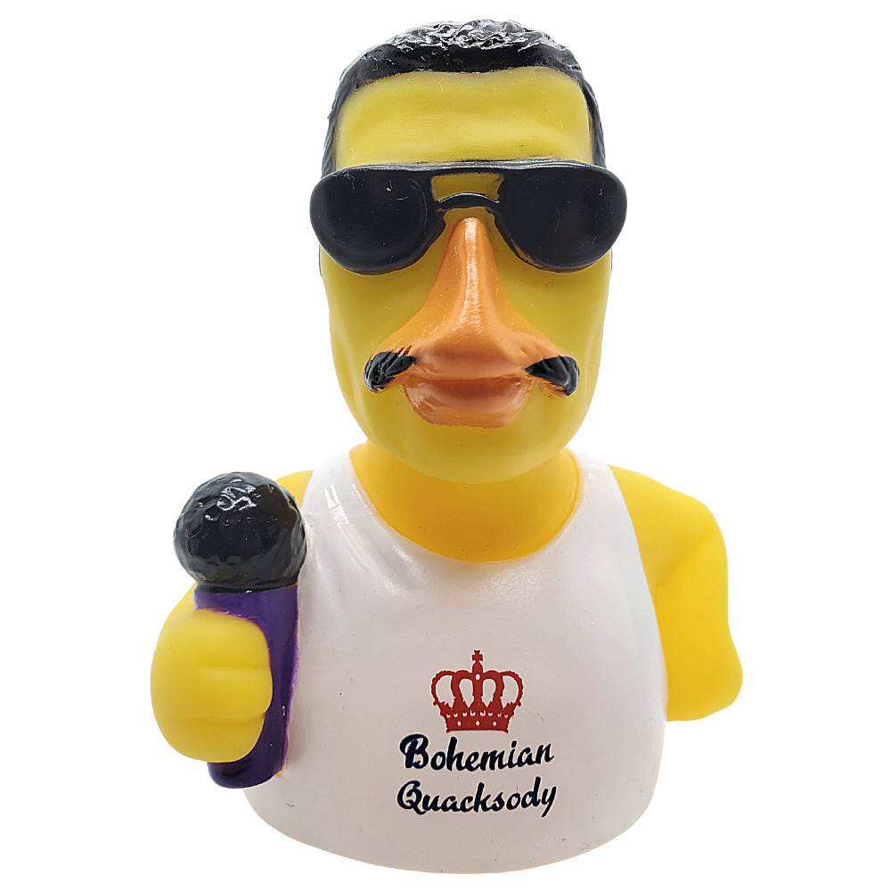 Rubber duck with sunglasses and microphone, wearing a shirt with 'Bohemian Quacksody' text.