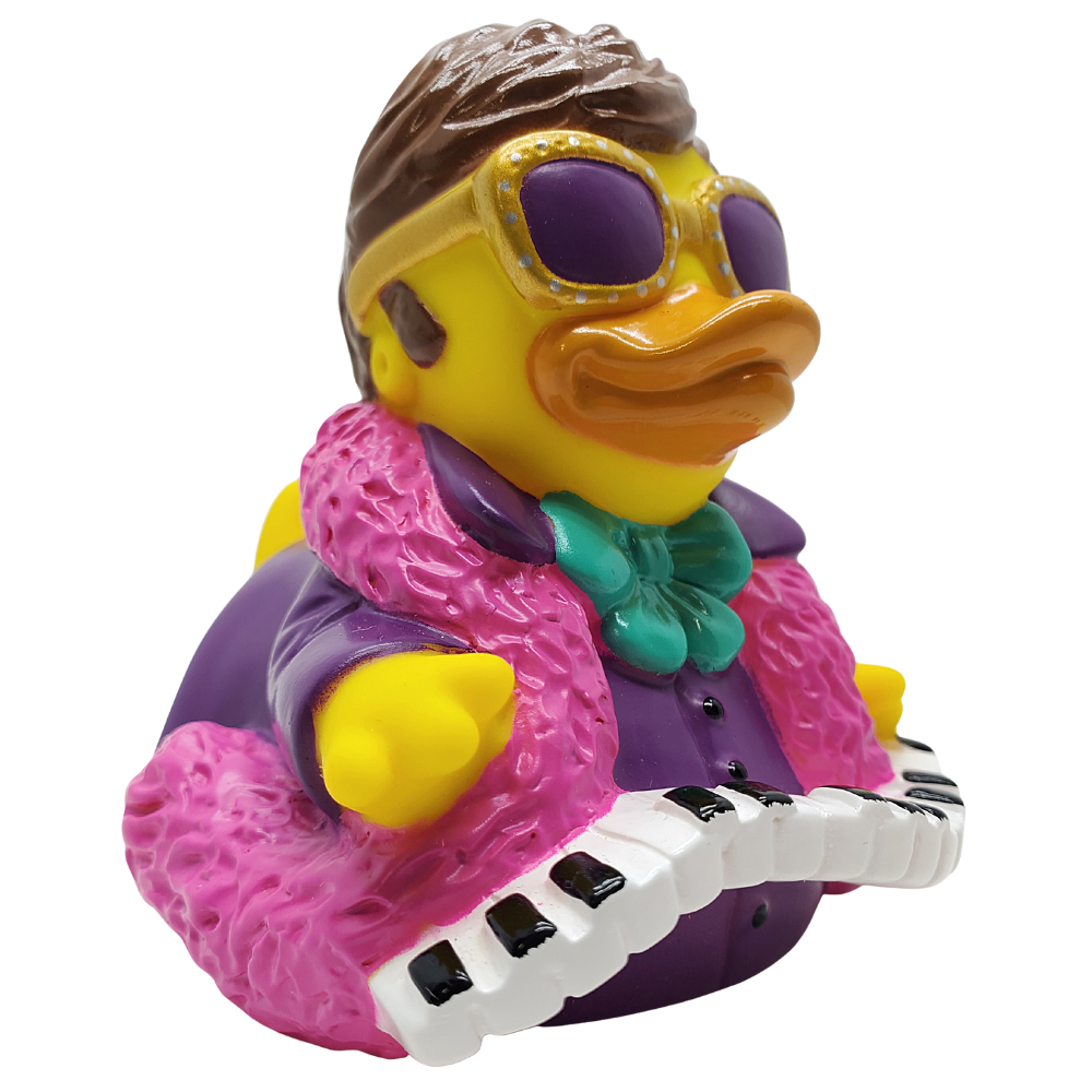 Colorful rubber duck with a purple suit and keyboard on a white background