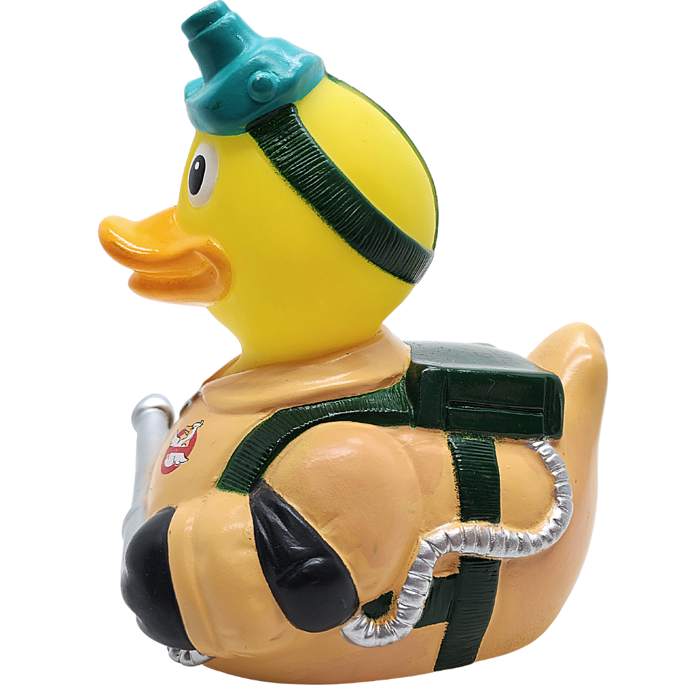Rubber duck dressed as a astronaut on a white background