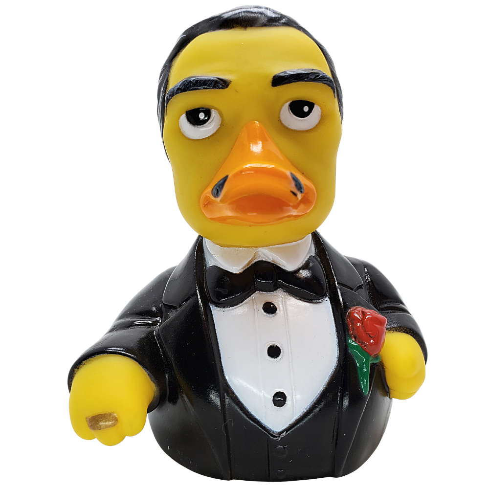 Rubber duck dressed in a tuxedo with a rose on a white background