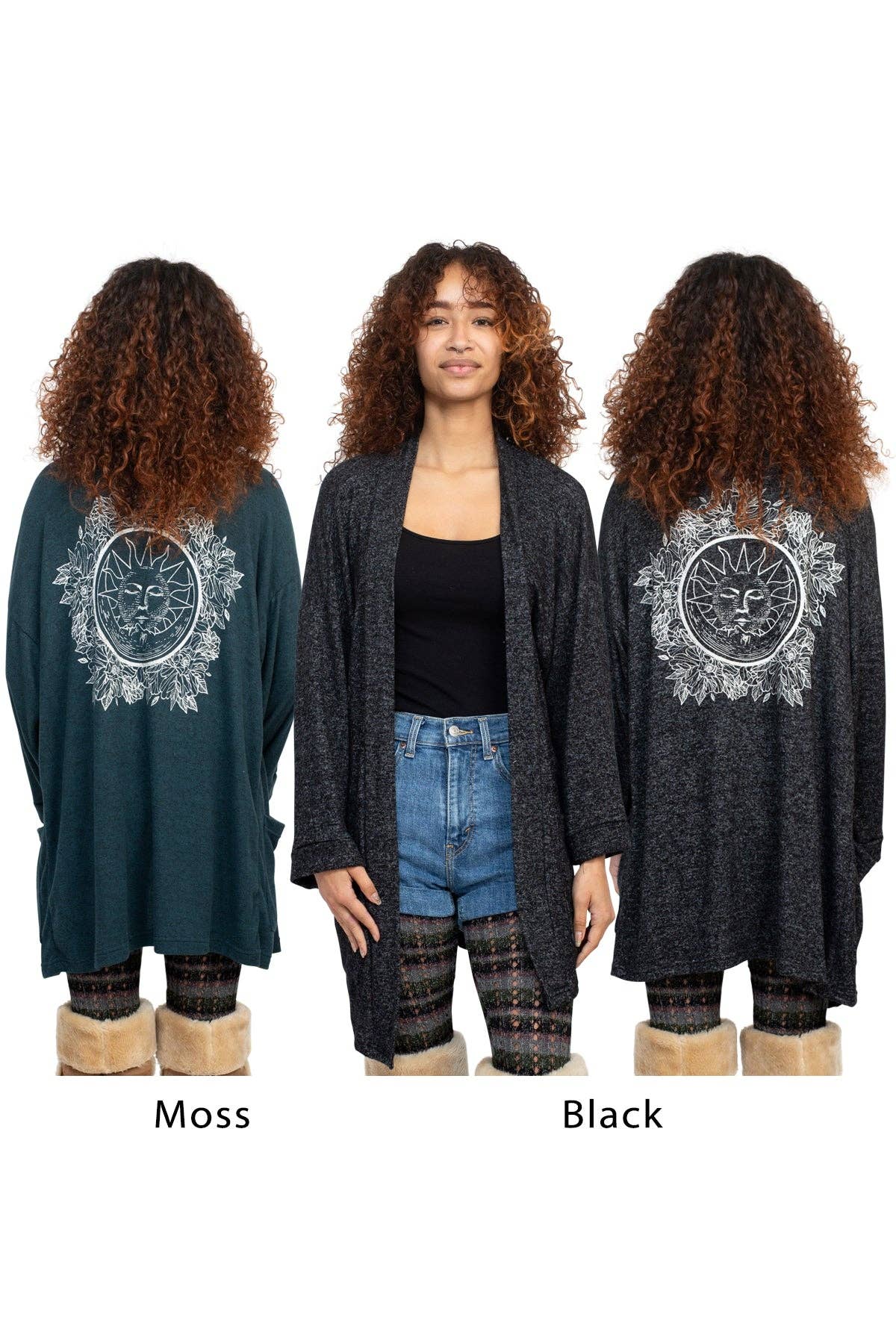 Woman wearing a long cardigan with a mandala design on the back, shown in Moss and Black colors.