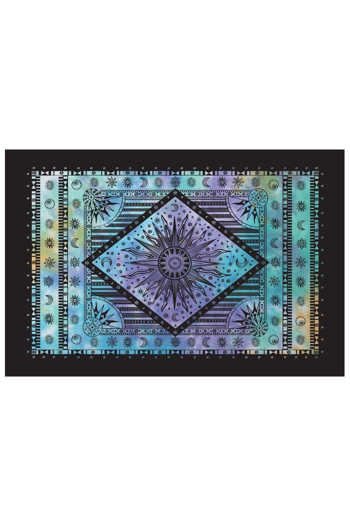 Colorful geometric patterned rug with a black border on a white background
