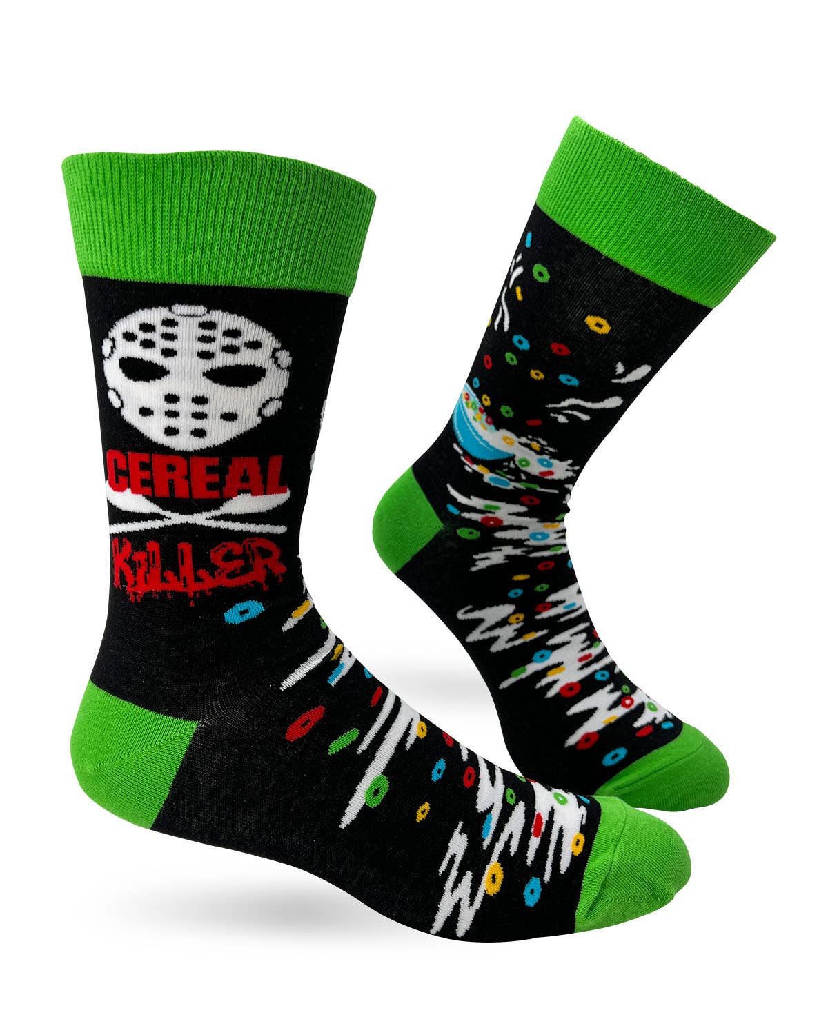 Socks with a 'Cereal Killer' design on a white background
