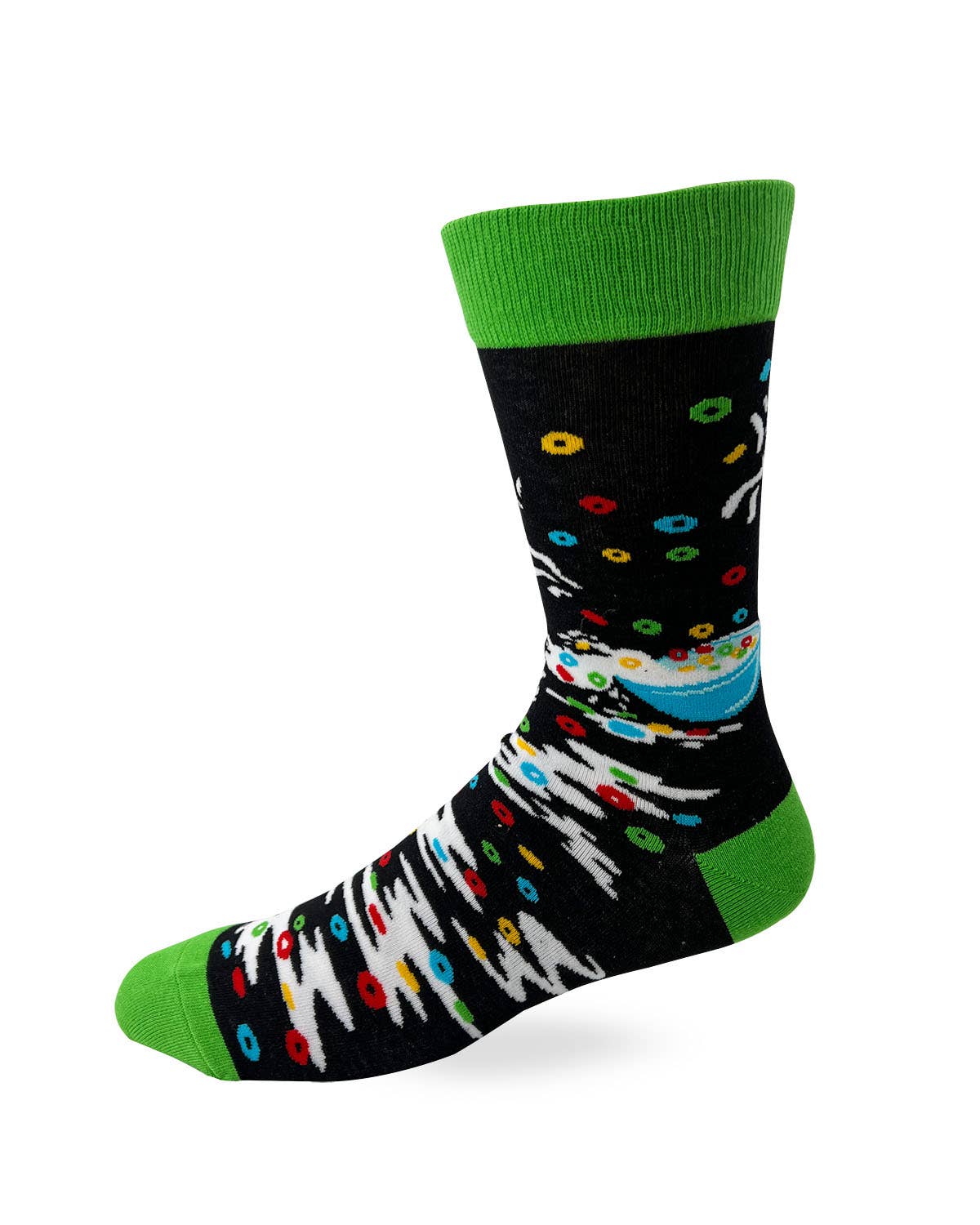 Colorful sock with black background, multicolor pattern, and green accents on a white background