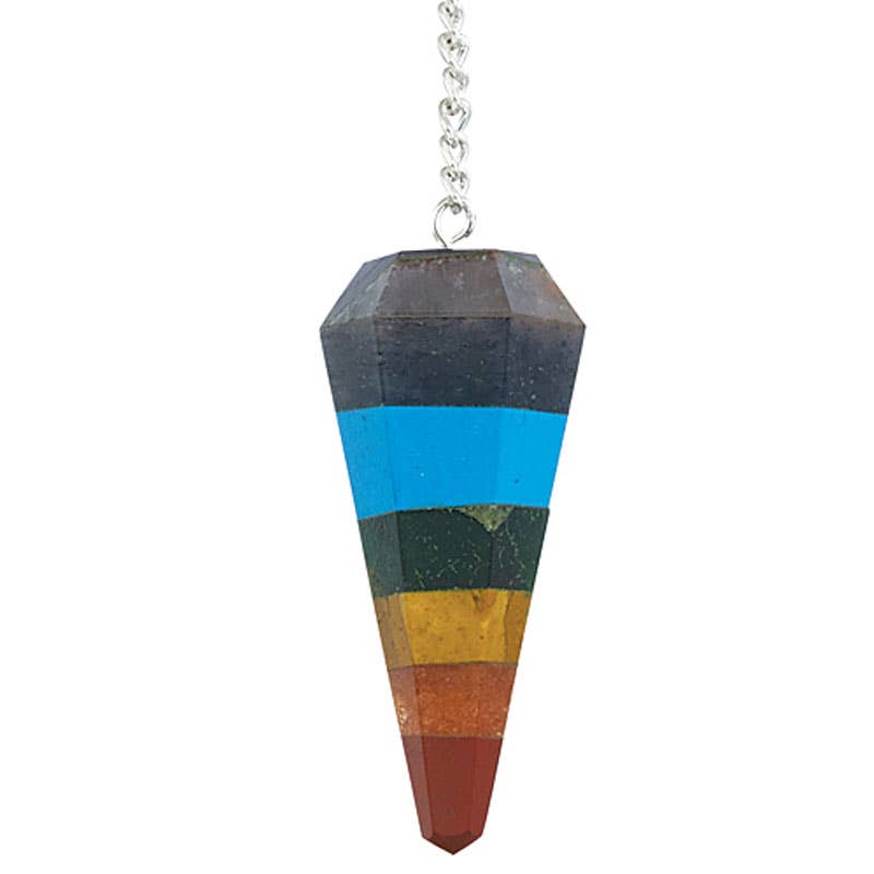 Colorful crystal pendulum with a chain on a white background