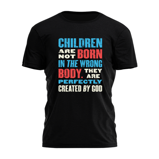 Black t-shirt with colorful text on a white background