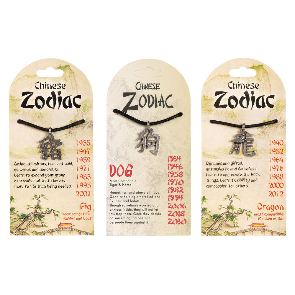 Three Chinese Zodiac necklaces with packaging on a white background