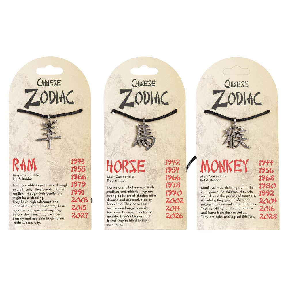 Three Chinese Zodiac necklaces on display with labels for Ram, Horse, and Monkey.