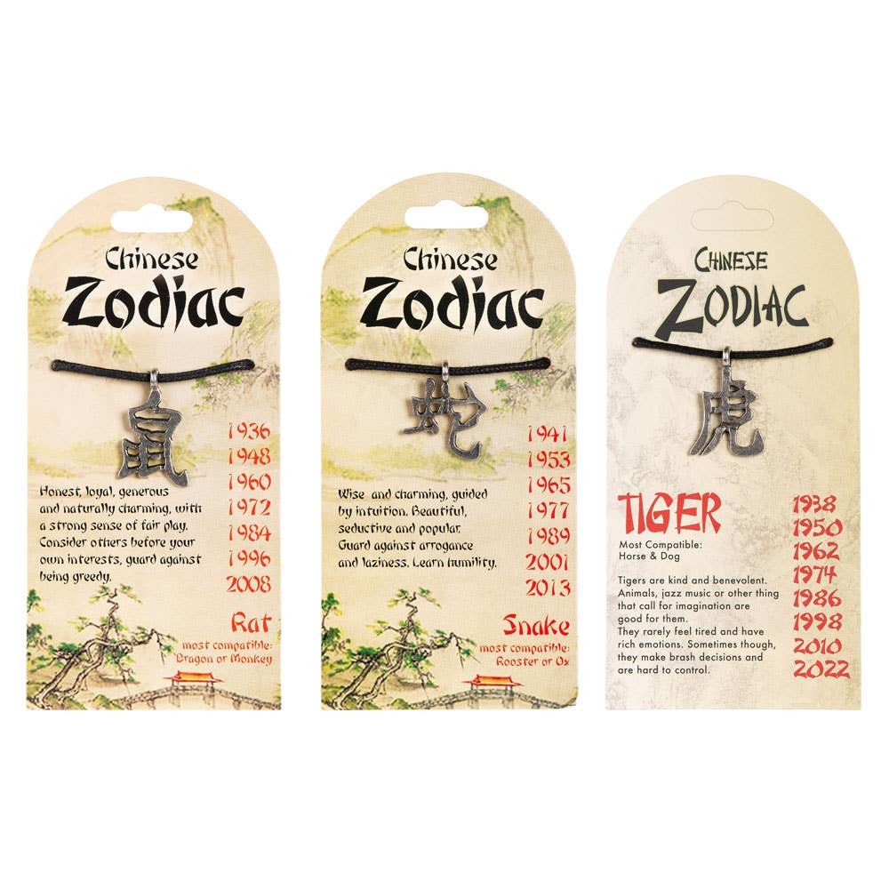 Three packages of Chinese Zodiac necklaces with corresponding animals and years on a white background.