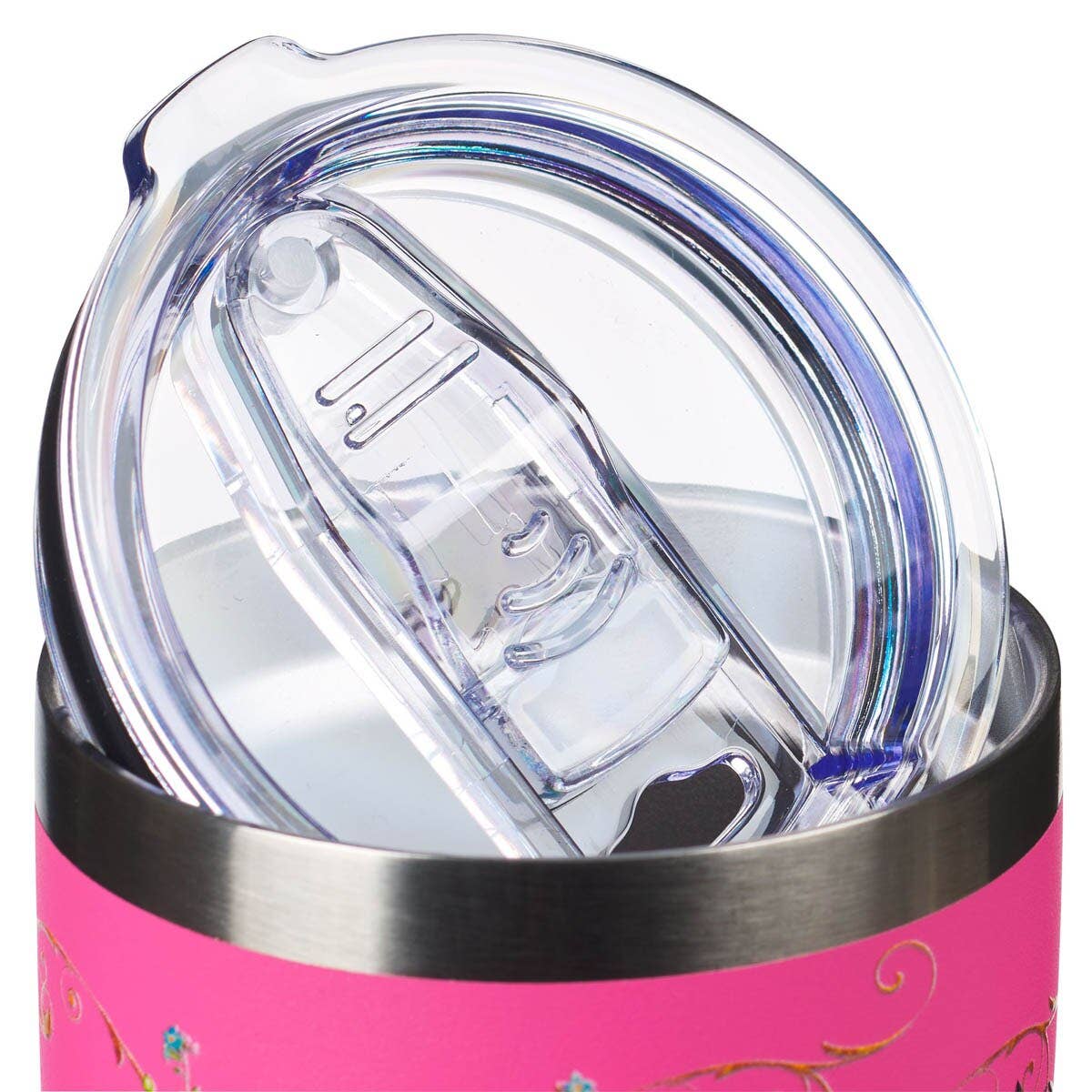 Pink tumbler with a clear lid on a white background