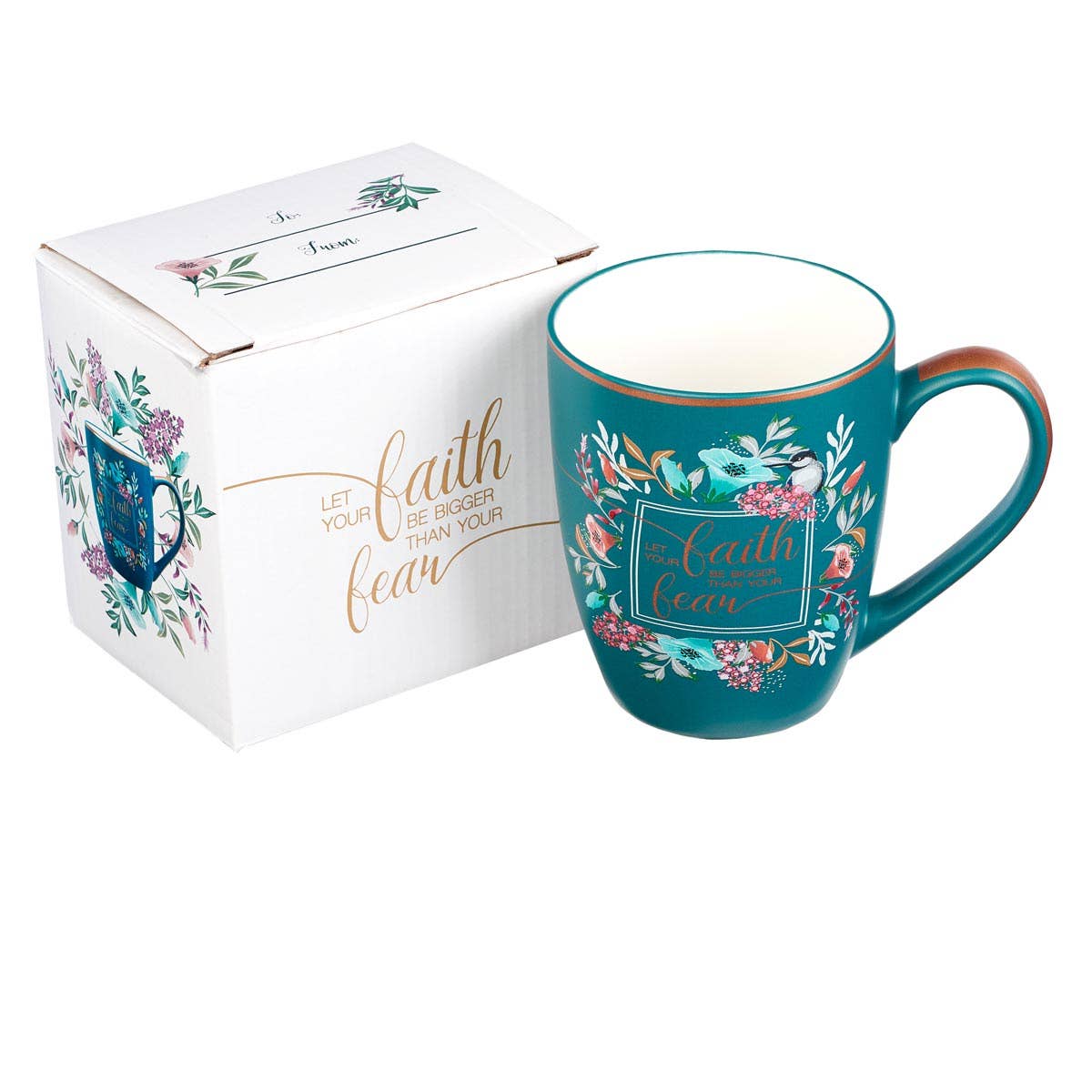 Teal mug with floral designs and motivational text, accompanied by its packaging on a white background