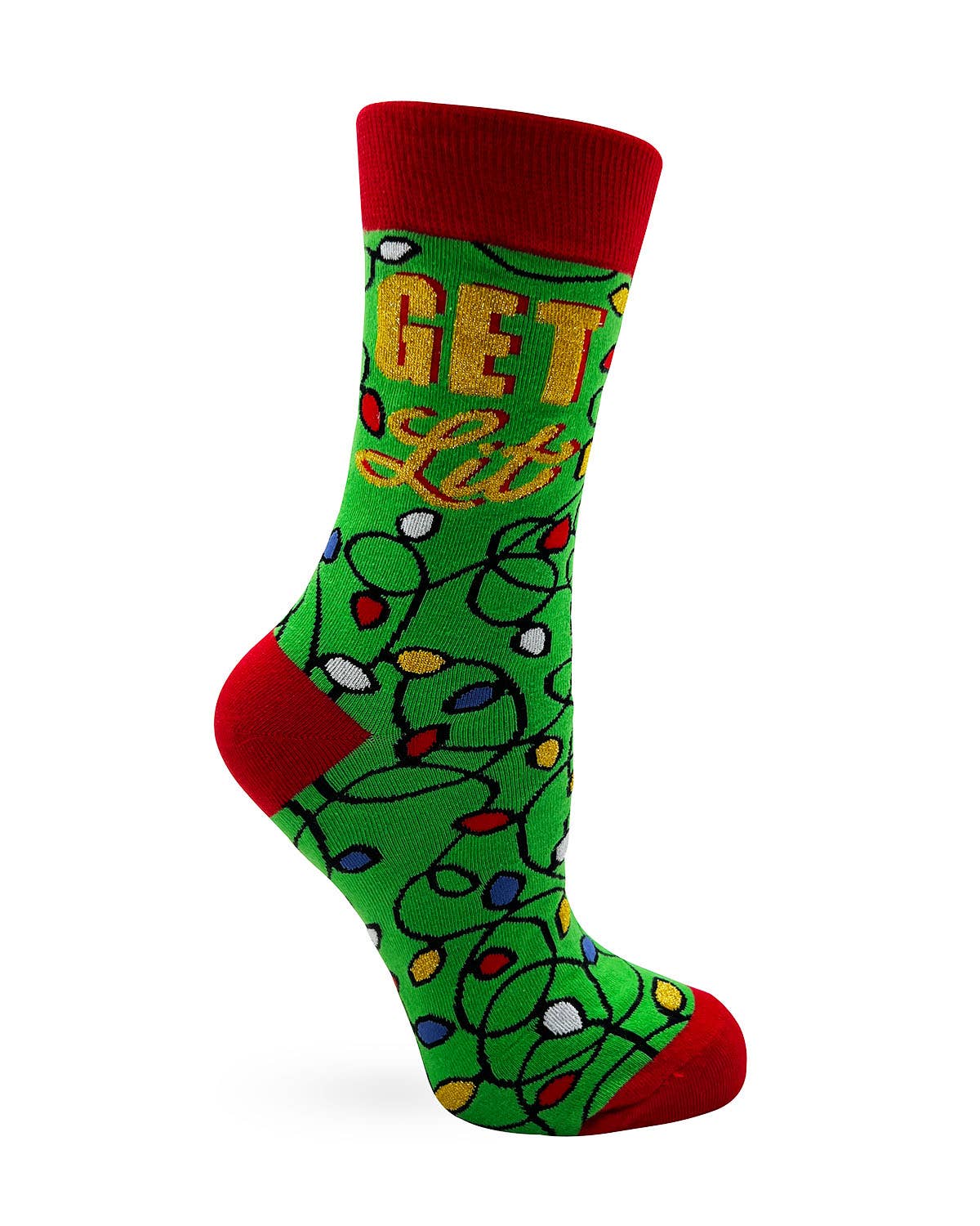 Green sock with Christmas lights design and red accents on a white background
