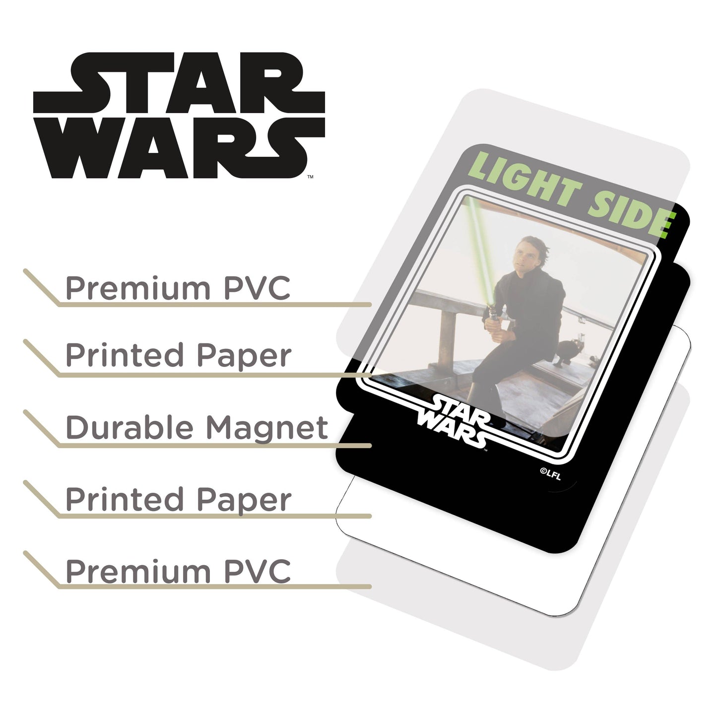 Star Wars-themed product with premium PVC, printed paper, and durable magnet features on a white background.