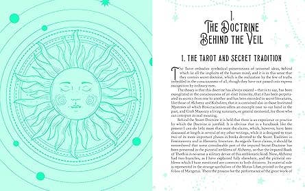 Book page with tarot card design and text on a teal background