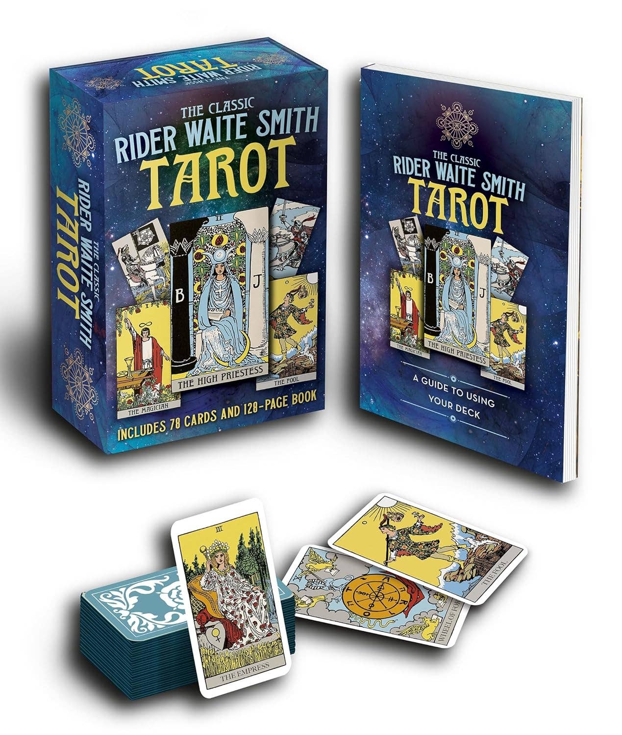Rider Waite Smith Tarot set with cards and guidebook on a white background
