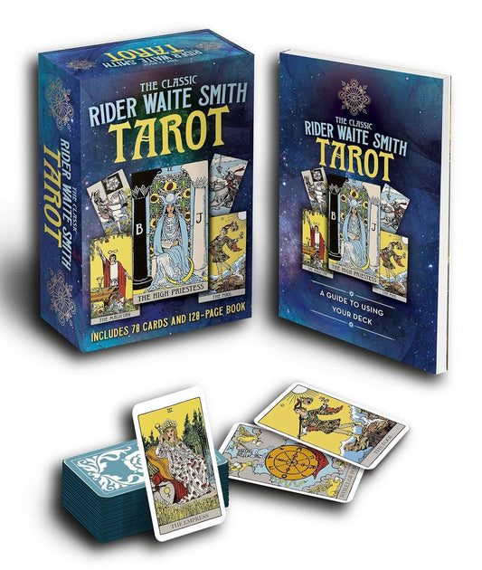 Rider Waite Smith Tarot set with cards and guidebook on a white background
