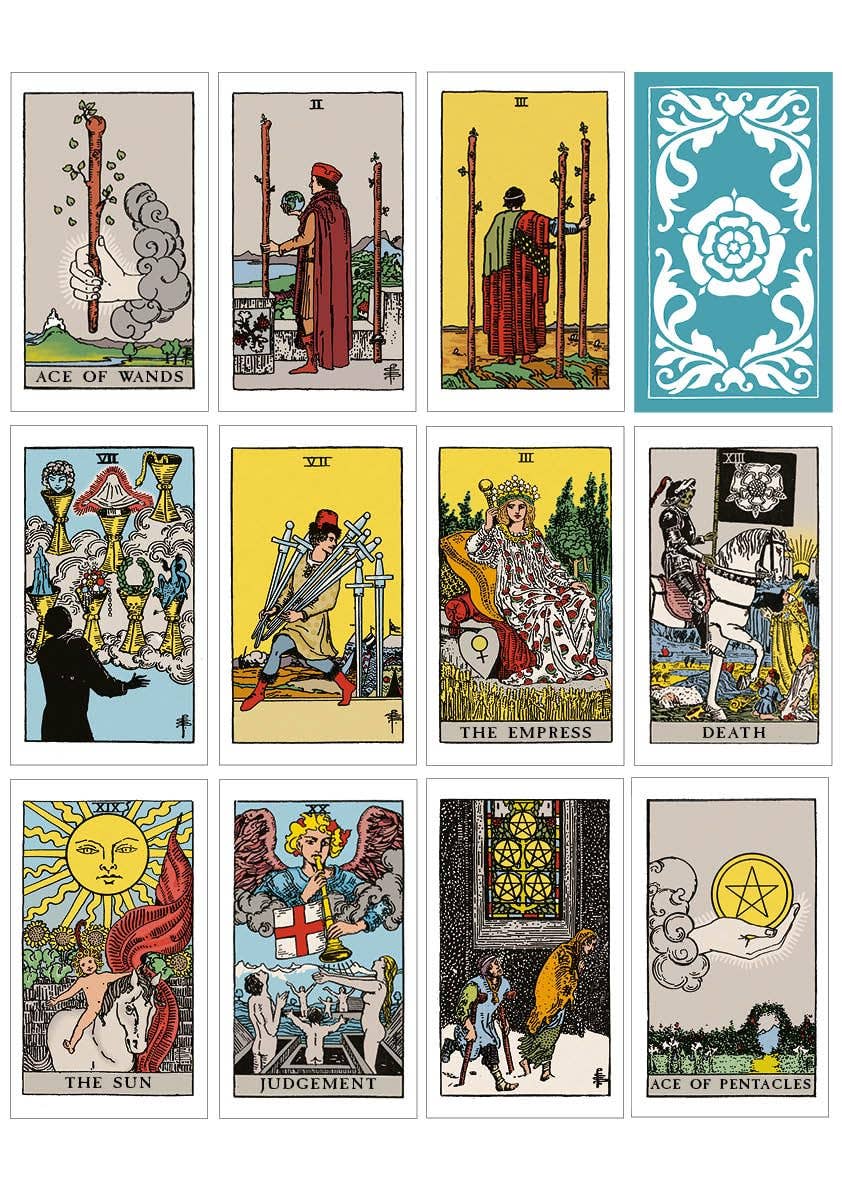 Set of tarot cards with various illustrations and symbols.