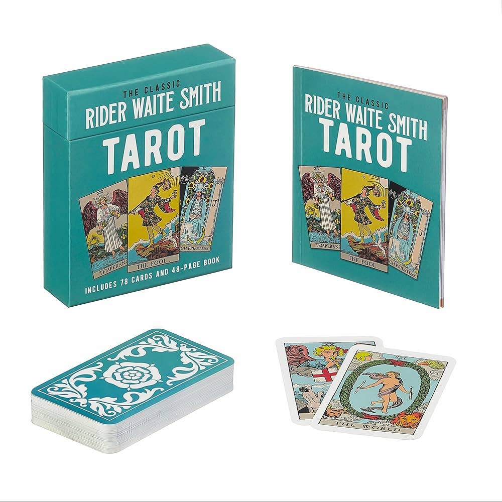 Rider Waite Smith Tarot set with tarot cards and box on a white background
