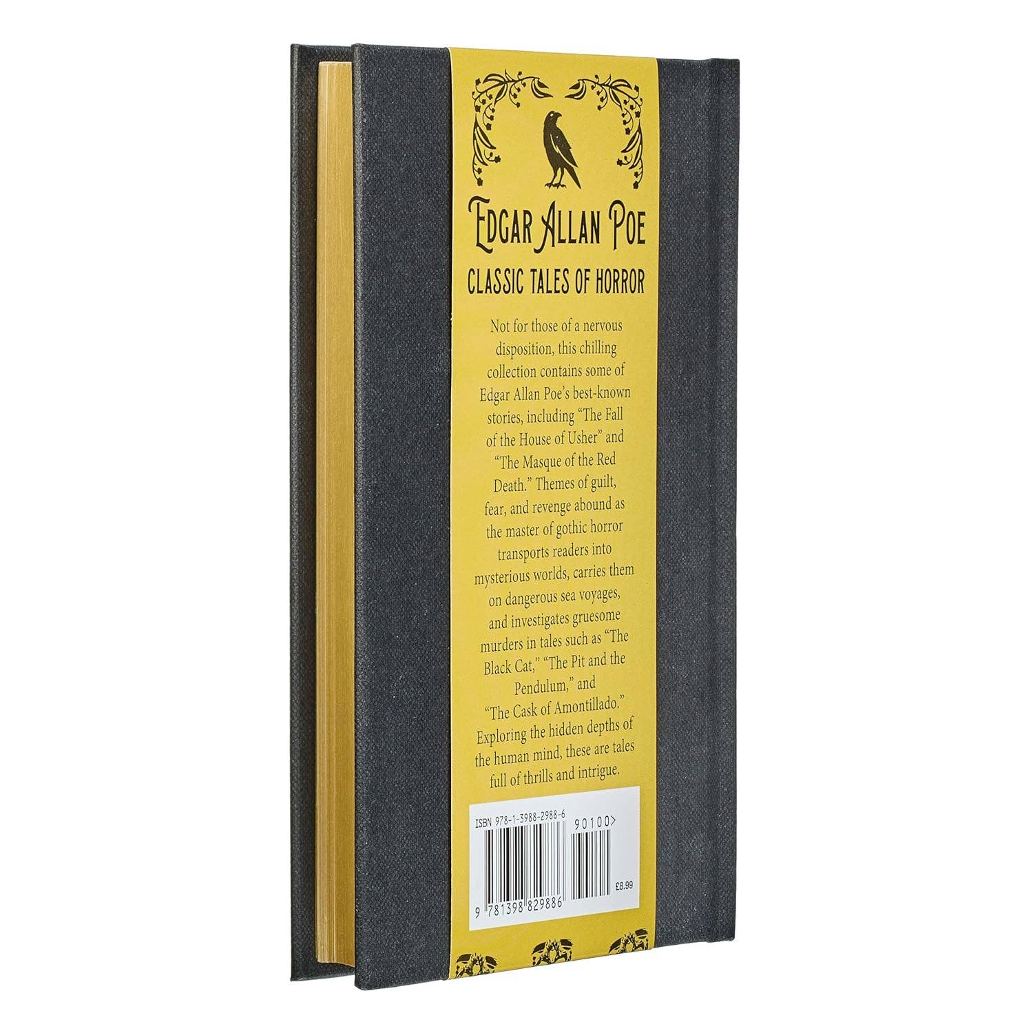 Book with yellow back cover featuring Edgar Allan Poe's name and text on a white background