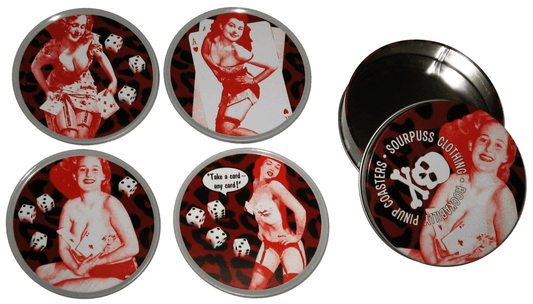 Set of five coasters with vintage-style graphics and a central coaster with a skull and crossbones design.