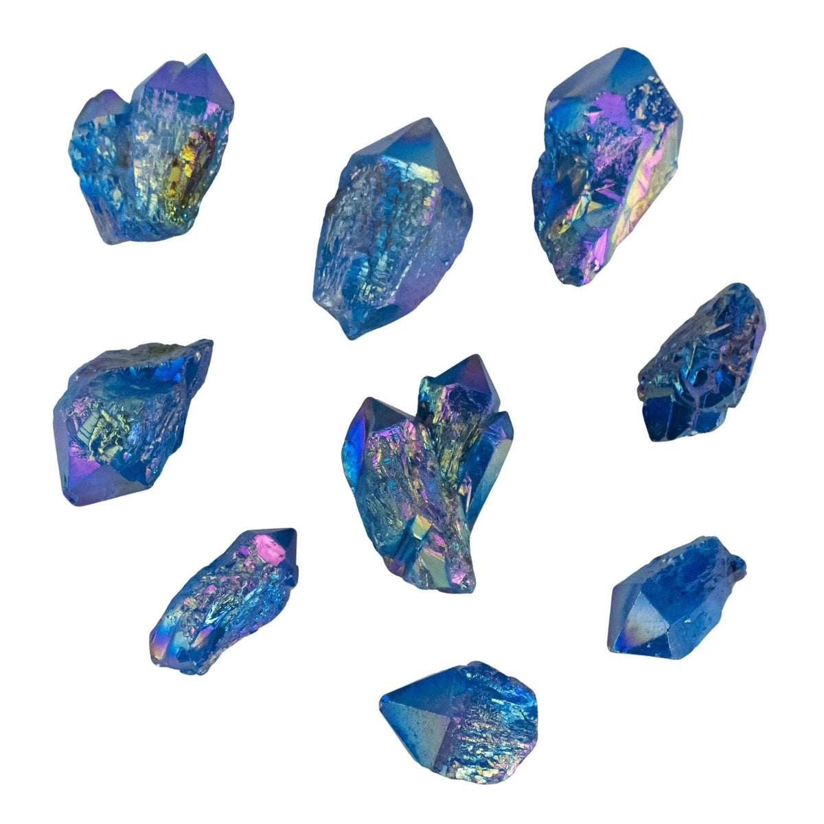 Nine blue iridescent crystal-like beads with a holographic finish, scattered on a plain white background.