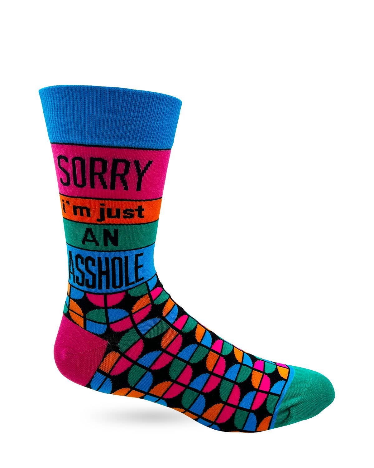 Colorful sock with text on a white background