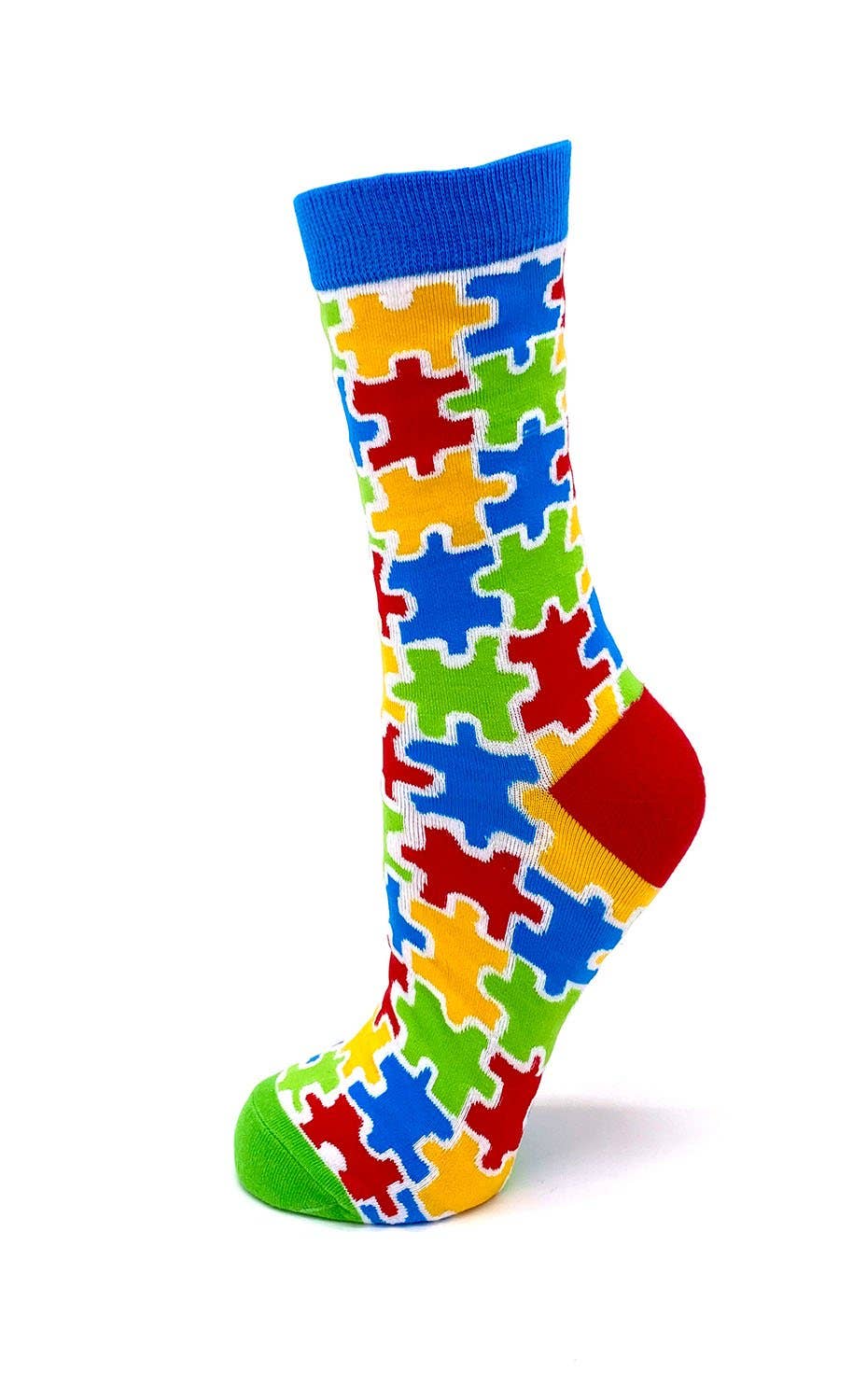 Colorful puzzle piece patterned sock on a white background