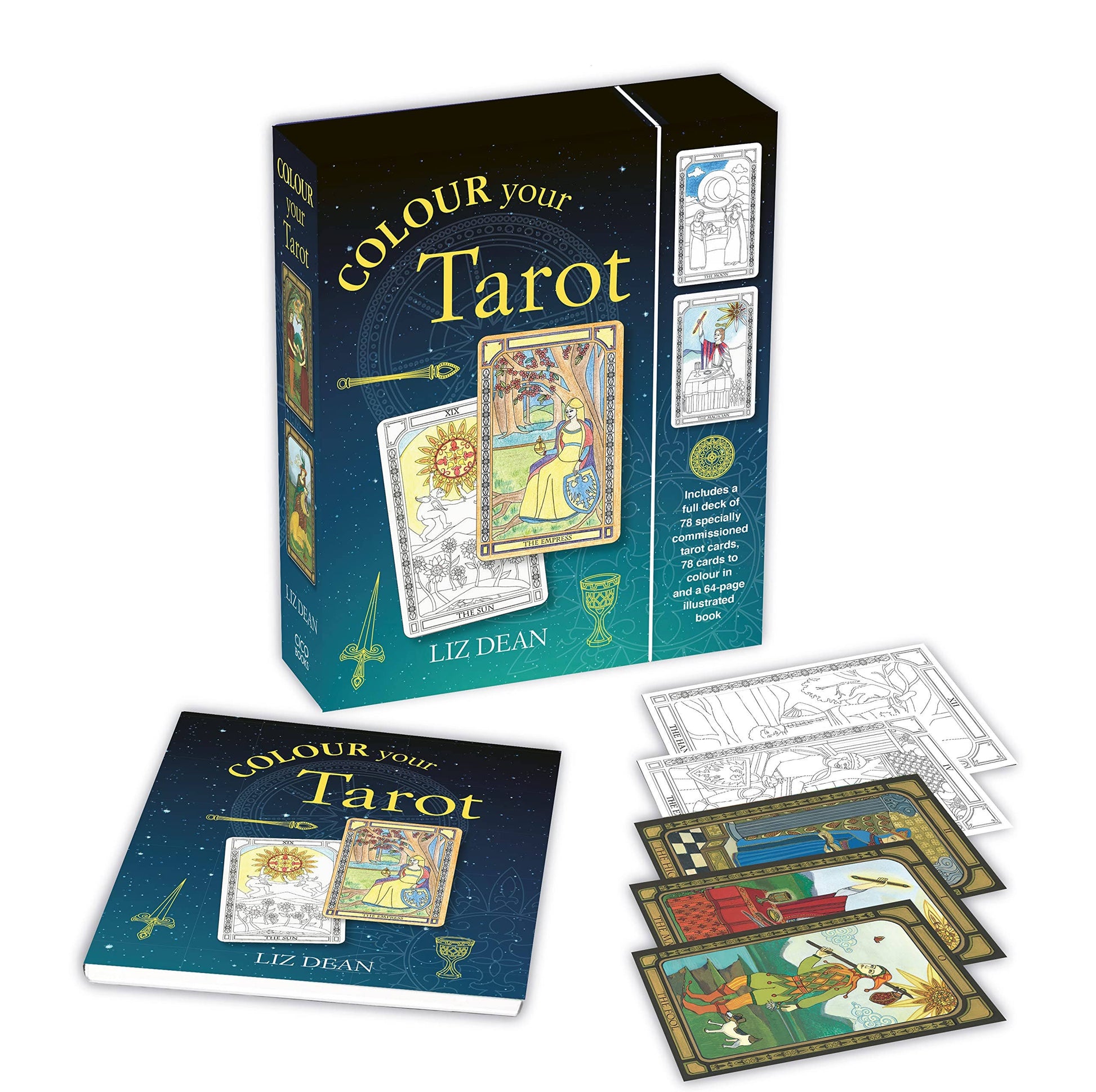 Color your Tarot book and cards set with box on a white background