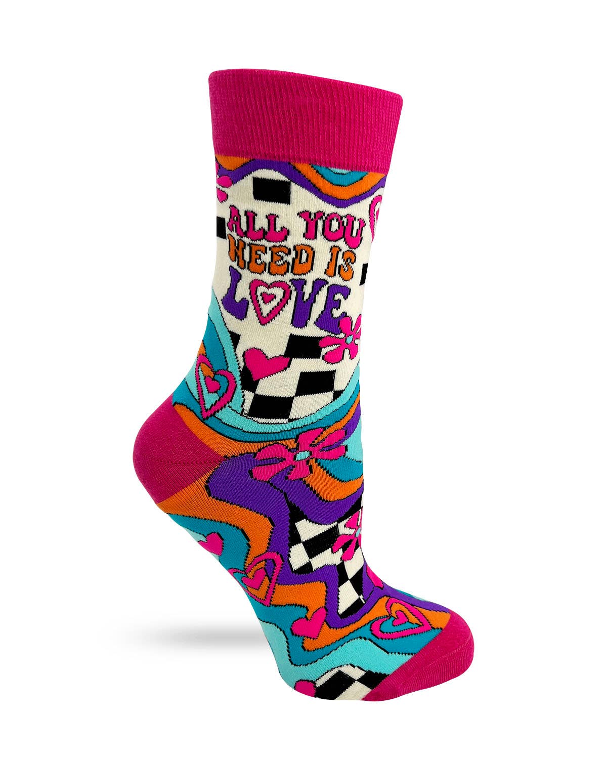 Colorful sock with 'All You Need Is Love' text on a white background