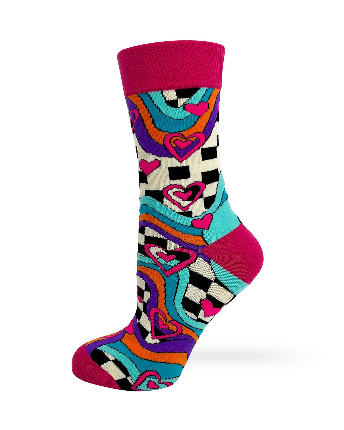 Colorful sock with heart and checkered pattern on a white background